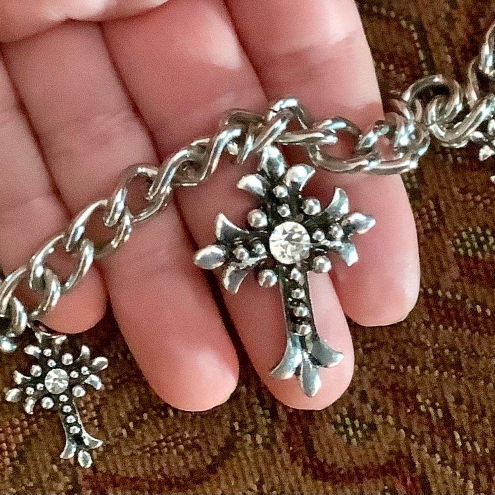 Chain Link Silver Charm Bracelet with 3 Crosses. Up to 9” - Picture 2 of 4